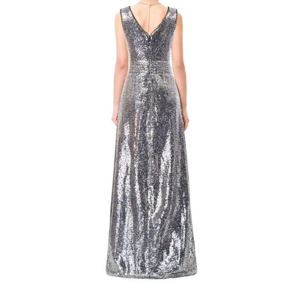 Kate Kasin Silver Black Sequin Bridesmaid Sleeveless Maxi Evening Prom Dress 2 - Picture 2 of 15